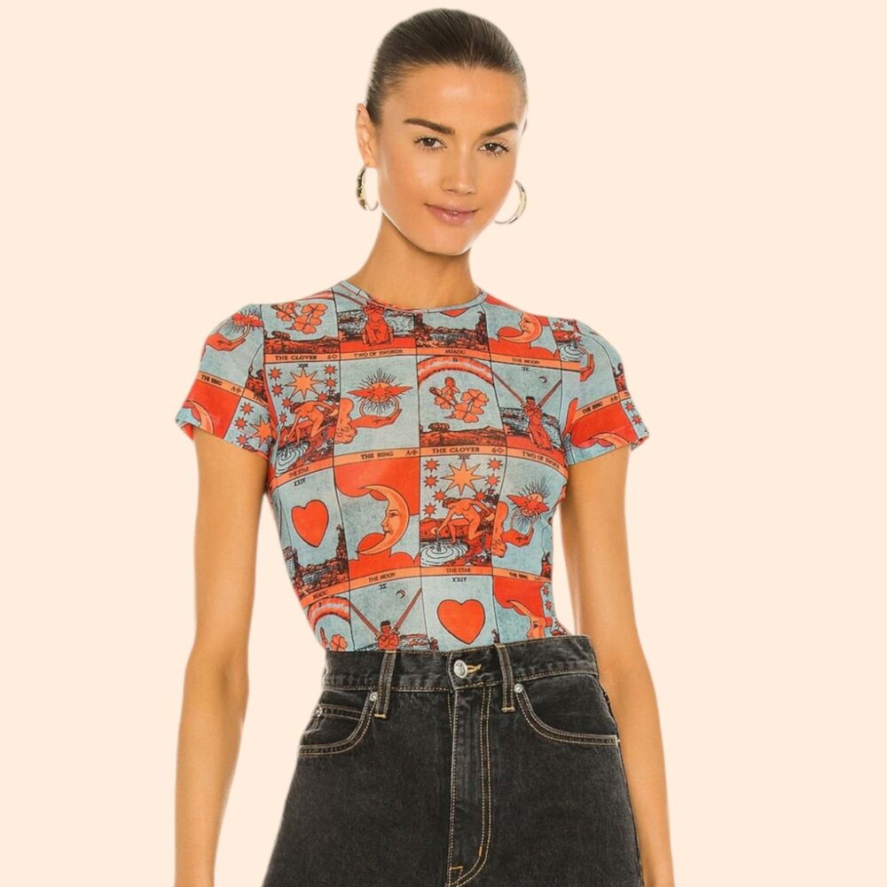Miaou Red & Light Blue Tarot Patchwork Short Sleeve Tee